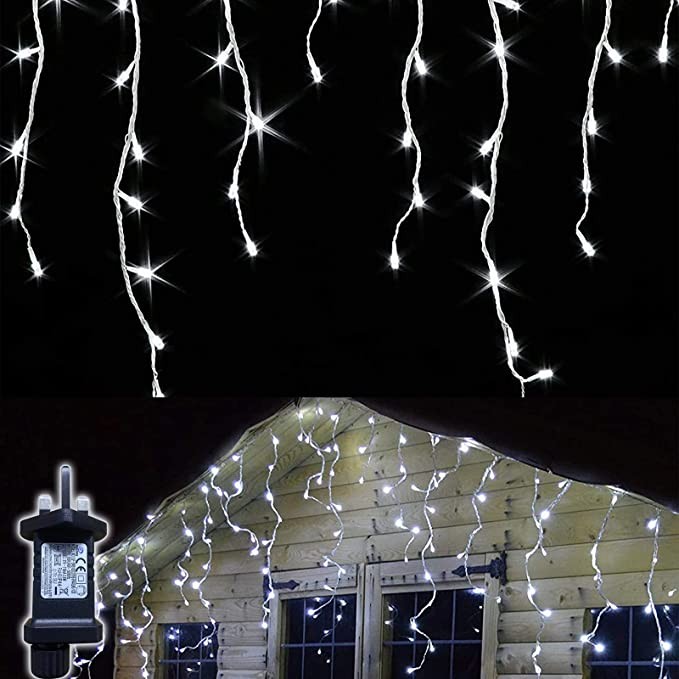 Gresonic 220LED 17ft Cold White Icicle Christmas Lights,Plug in Hanging Fairy Lights, 8 Modes Timer Curtain String Light for Bedroom Patio Yard Wedding Party Background Decoration